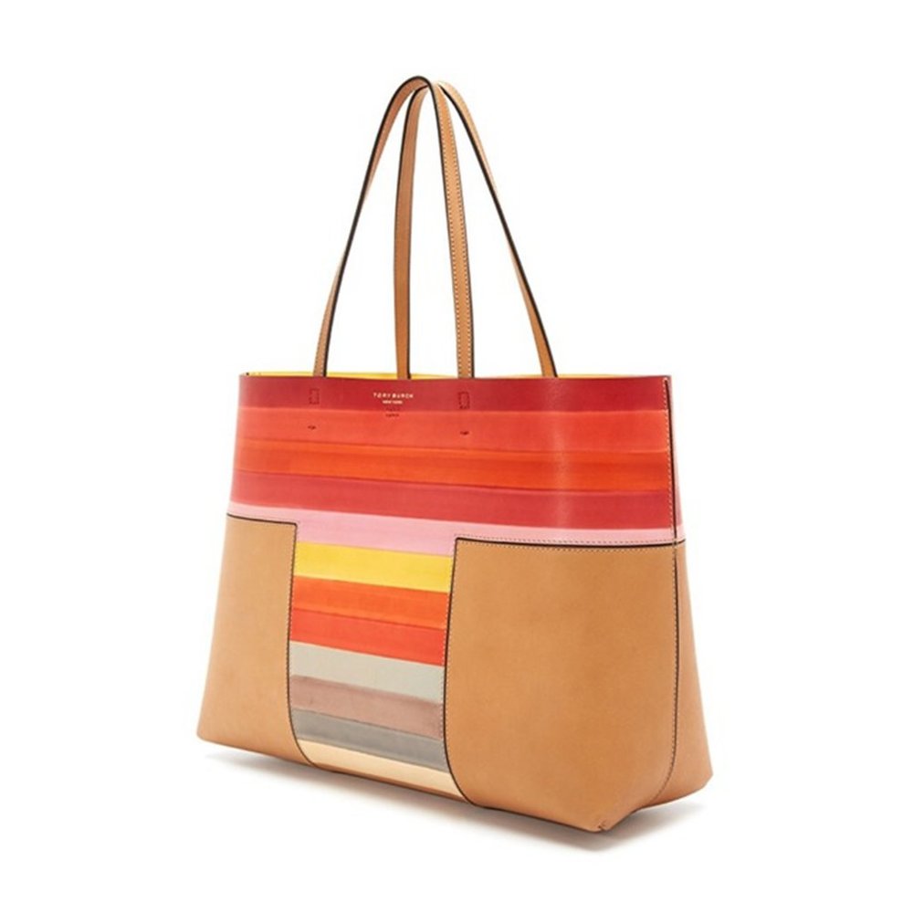 Tory Burch Multicolor Stripe Leather Tote - Tan & Red